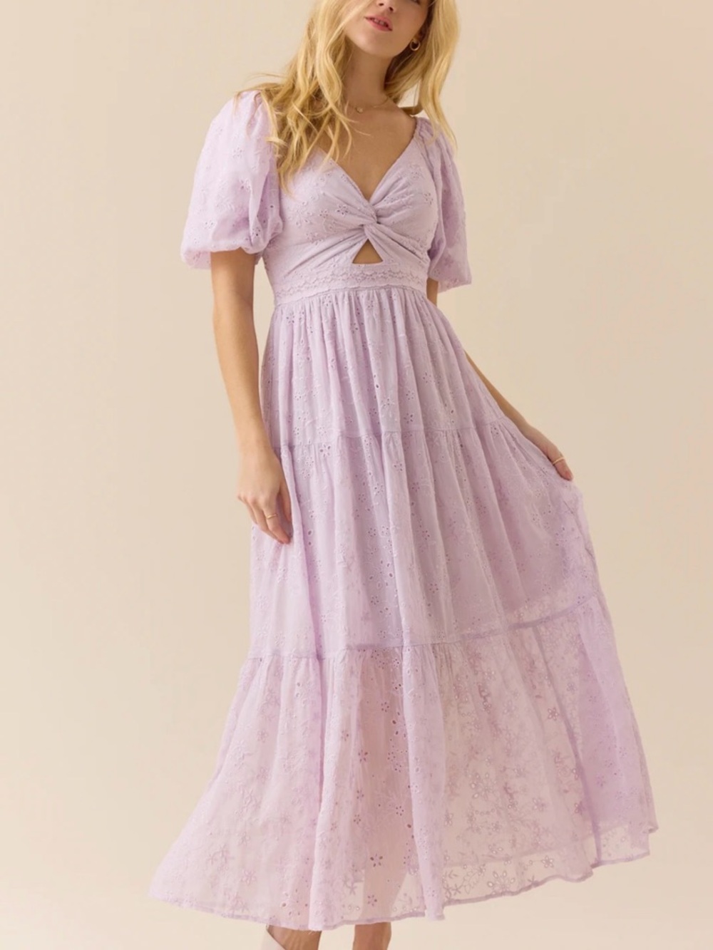 Altar'd State Lavender Eyelet Twist-Front Maxi Dress